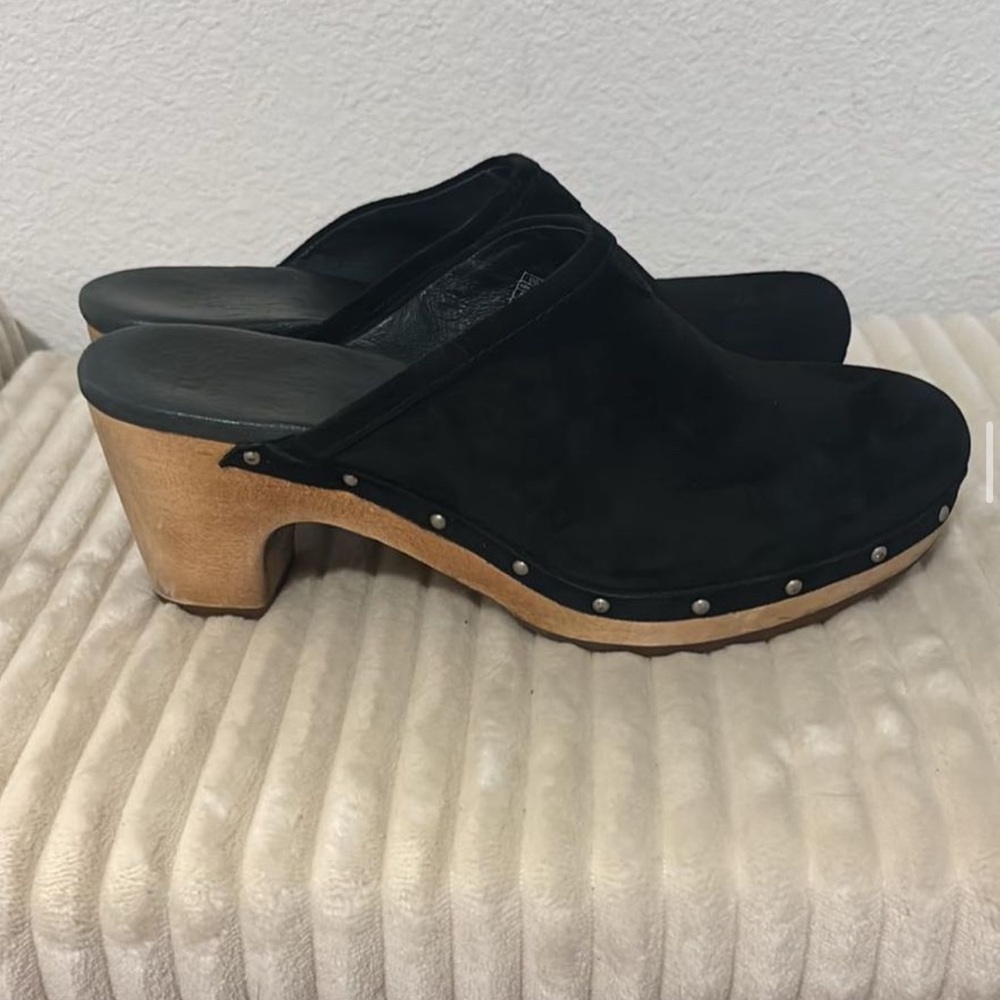 UGG Black Suede Clogs with Wooden Sole